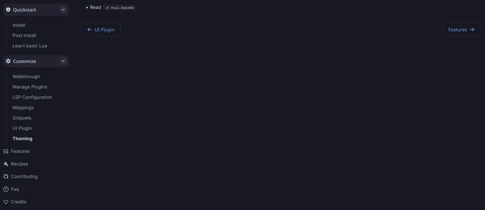 NVChad&#x27;s docs page for base46 with a single bullet point reading "Read :h nvui.base46"