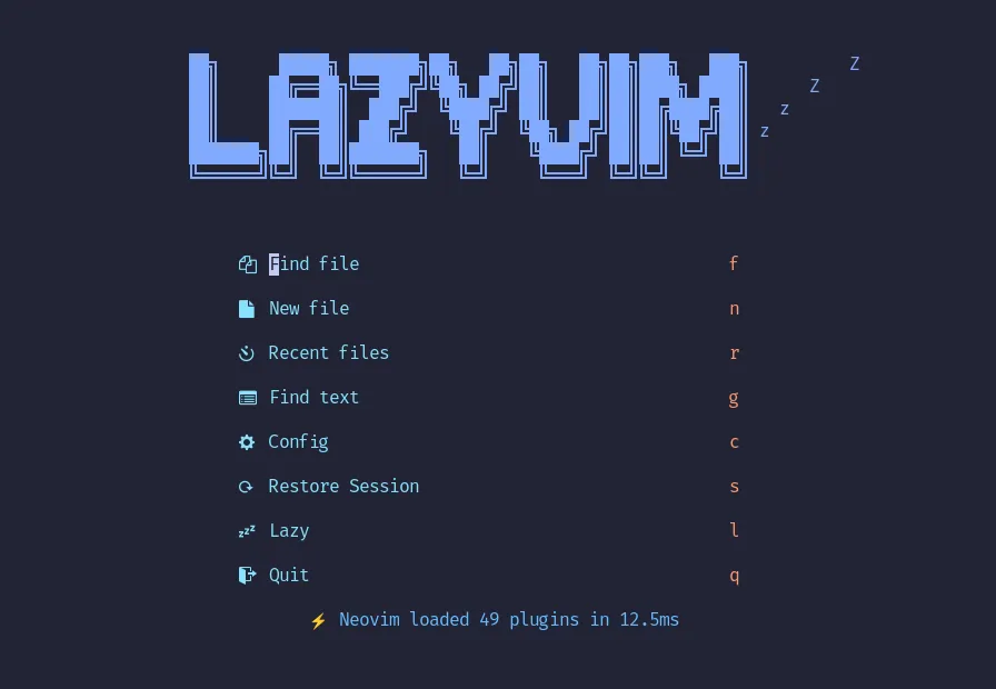LazyVim&#x27;s default start screen, showing a list of options with their respective keybind