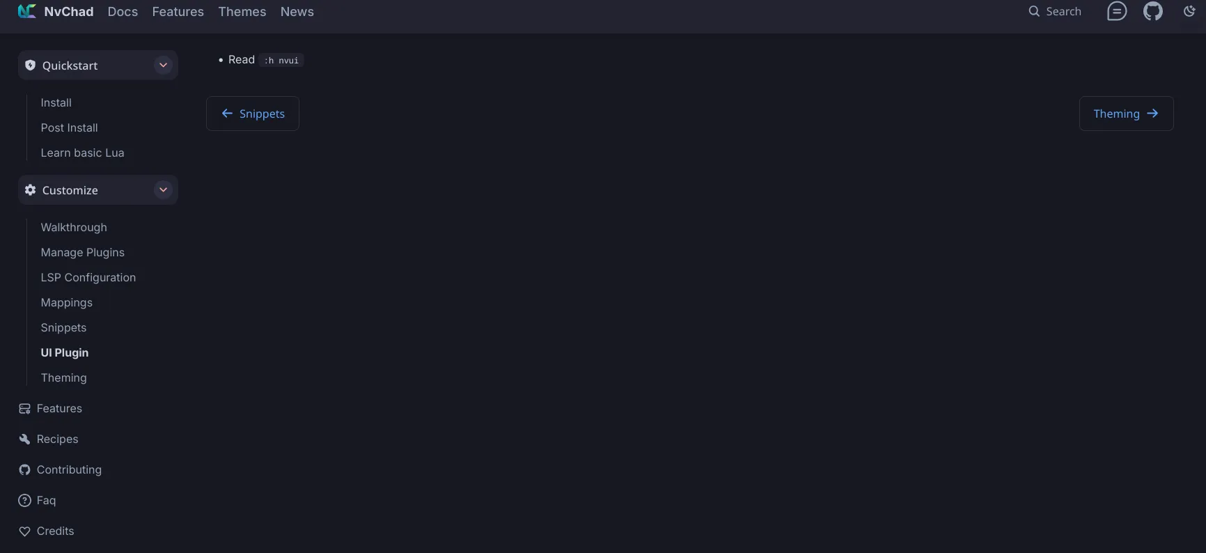 NVChad&#x27;s docs page for NVUI with a single bullet point reading "Read :h nvui"