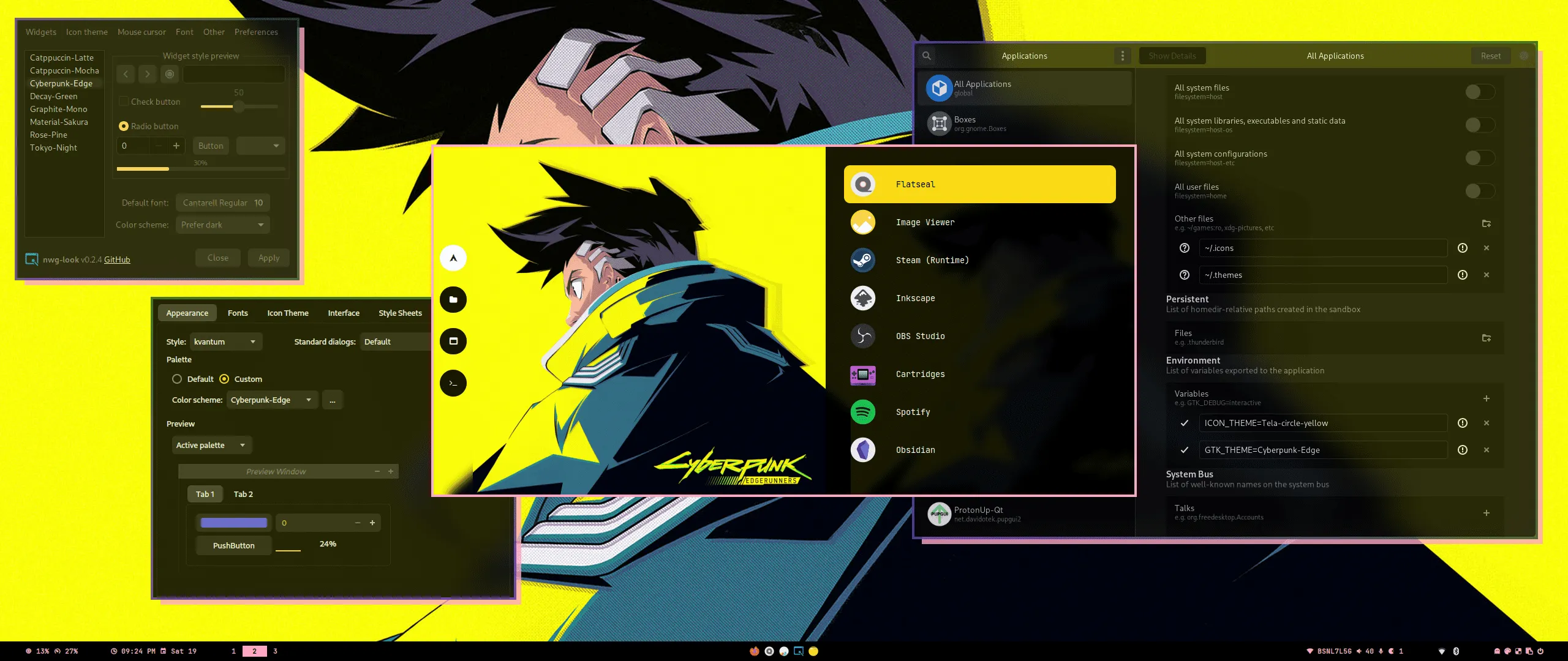 HyDE&#x27;s desktop with the edge-runners theme applied